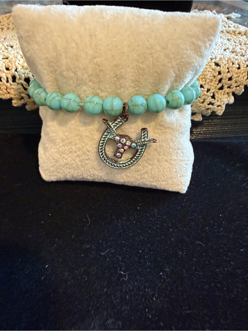 Turquoise look Beaded Horseshoe Charm Bracelet - Unbranded